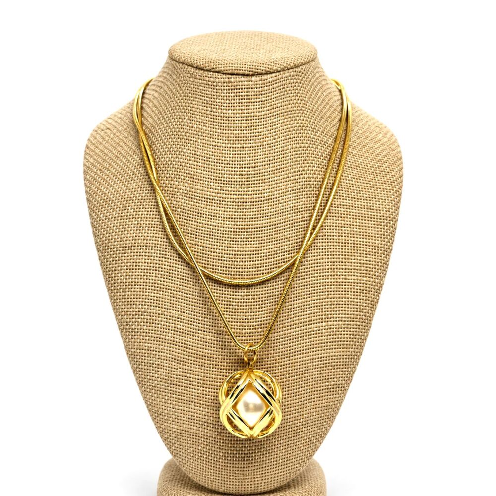VINTAGE PEARL NECKLACE Caged Pendant Gold Tone Snake Chain 36" Long 80s Unsigned